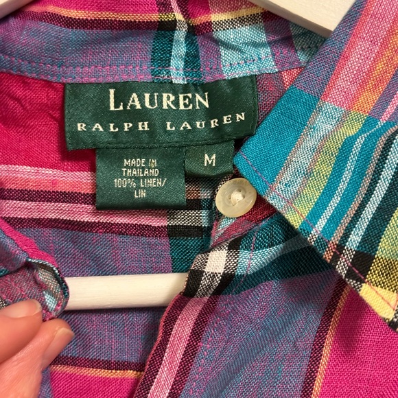 NWT Lauren Ralph Lauren Multicolor Plaid 100% Linen Button Up Sleeveless Shirt M - Picture 6 of 9